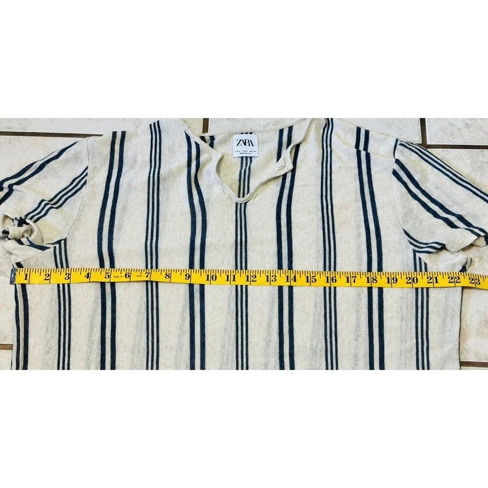 ZARA Women Size L  Stripe Short Sleeve Linen Blend Top Lagenlook Italian Fabric